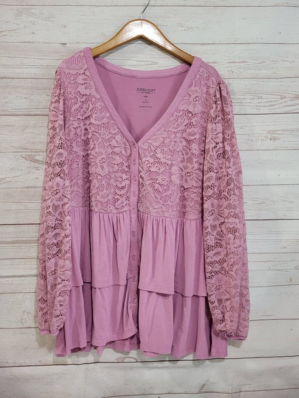 Torrid Tiered Button Front Peasant Top Womens 2X Pink Floral Lace Boho Cottage